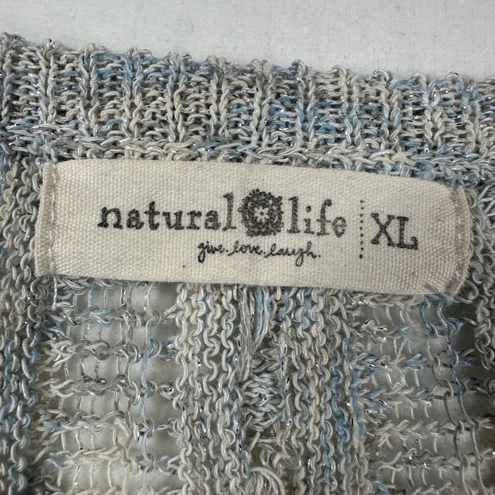 Natural Life Linen Blend Sweater XL Blue Gray Marl Metallic Cable Knit Coastal - Picture 4 of 11